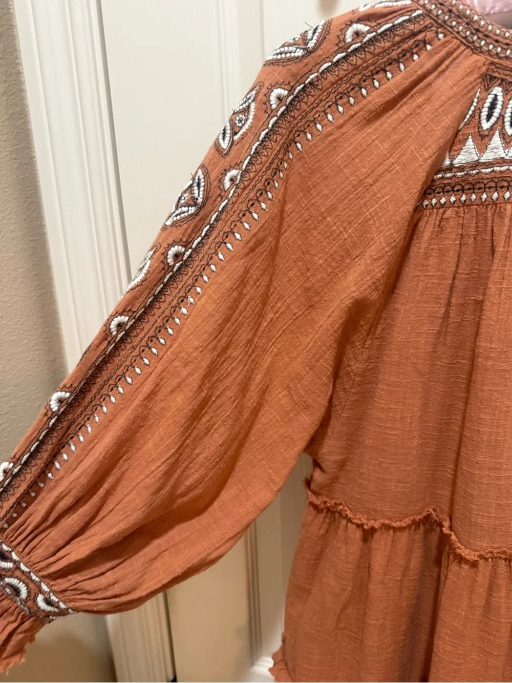 Free People Rust Tiered Boho Embroidered Midi Dress